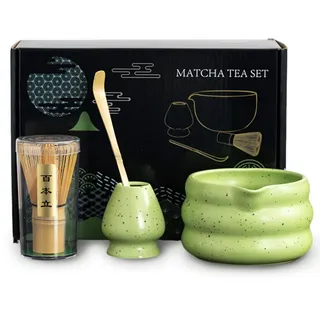 Matcha Set 4-teilig | Bambus Besen & Keramikschale (500ml) für Teezeremonie | Ideal für Matcha Latte & Geschenk für Teeliebhaber
