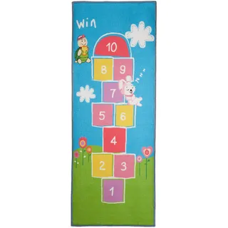 Relaxdays Kinderteppich Hüpfspiel, 180 x 70 cm, 10 Hüpfkästchen, Kurzflor, gummierte Unterseite, Spielteppich, bunt