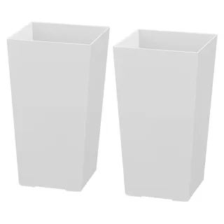 Set aus 2 hohen Pflanzkübeln, 550 mm große, konisch zulaufende Pflanzkübel für den Außen- und Innenbereich, moderne Kunststoff-Blumentöpfe mit Rollen für die Veranda, mit Inneneinsatz und Abflusslöchern für Terrasse und Garten, weiß