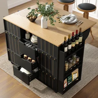 MODFU Servierwagen mit Rollen,kücheninsel schwarz mit klappbare Arbeitsfläche,Küchenschrank mit Drei Schubladen und Schiebetüren,110 × 70 × 90 cm - Schwarz