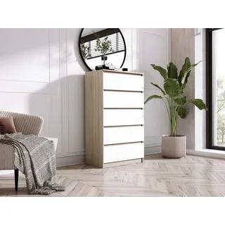 Komodenschrank mit 5 Schubladen, Farbe: SONOMA EICHE/WEISS, A: 70 x 125 x 39 cm , Schubladenkommode, Kommode mit Schubladen, Sideboard Wohnzimmer, Schlafzimmer Kommode, Kommode Schwarz, Kommode Flur, Highboard - Braun, Weiß