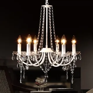 Kristall Kronleuchter Weiß, 6 Flammig Vintage Deckenleuchte Kronleuchter Wohnzimmer, Landhaus Klassische Pendelleuchte Esstisch Hängelampe Modern Höhenverstellbar für Schlafzimmer Esszimmer Pavillon