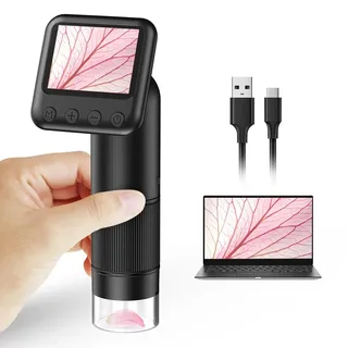 LCD-Digital-Handmikroskop, tragbares 800-fach-Taschenmikroskop für Kinder mit LED-Beleuchtung, USB-Anschluss zum PC, inklusive SD-Karte und Objektträgern