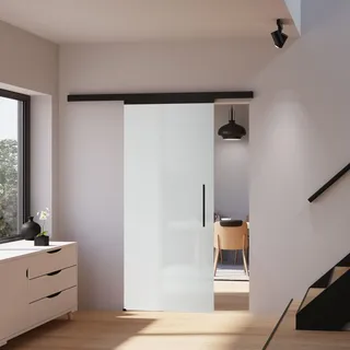 Tür Schiebetür Glas satiniert 900x2035 Zimmertür Glasschiebetür Glastür Beschlagset in schwarz -  Stabgriff+2seitiger Softclose - Schwarz