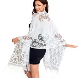 THXFUNAREA Weiße Spitze Stola für Damen, Boho Festlicher Schulterüberwurf zu Abendkleid und Hochzeitskleid, Leichter Deckenschal mit Fransen für Braut, Gäste und Feiern,Perfekt für Oper und Galabälle