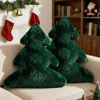 Lanpn 2 Stück Weihnachtsbaum Kissen Weihnachtskissen, Schneeflocke und Baum Weihnachts Kissen Dekokissen Flauschiges Zierkissen für Party Bett Sofa Couch Weihnachtsdeko (Grün, 40,5x45,5cm)