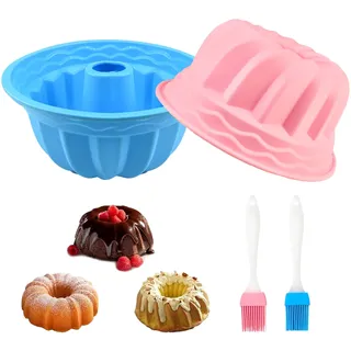 CHICHI:OÜ 2 Stück Gugelhupfform Silikon Ø 24 cm, Temperaturbeständig Gugelhupfform Backformen für -40°C bis 230°C Antihaftbeschichtet mit 2 Bürsten, Bundform für Kuchen, Brot