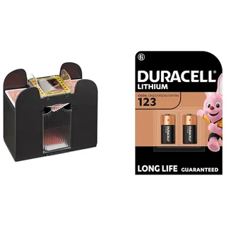 Relaxdays schine, elektrisch, 6 Decks, automatisches Kartenmischgerät für Spielkarten, Kunststoff, schwarz + Duracell High Power Lithium 123 Batterie 3 V, 2er-Packung (CR123 / CR123A / CR17345)