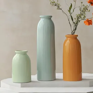 27 cm, Keramik Vasen Set 3er, Kleine Blumenvasen für Dekor, Orange, Gelb, Weiß (Colorful)