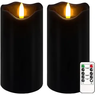 Justup Flammenlose LED-Kerzen, Set von 2 Flackernde LED Kerzen mit Fernbedienung und Timer, Dimmbare Säulen Kerzen Batterie betrieben, Kerzen für Home Halloween Dekor (Schwarz)