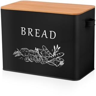 Homikit Brotkasten, Großer Metall Brotbox mit Deckel, Schwarz Brotbehälter für Brot Lange Aufbewahren mit Holzdeckel & Schneidebrett, Brotaufbewahrungsbox & Frisch Halten, 33.3x18.3x24.6cm