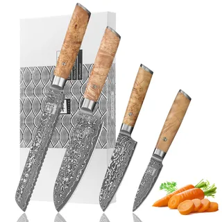 zayiko Kinone Damastmesser-Set 4-teilig, 67 Lagen Damaststahl mit VG10-Kern | Brotmesser mit Wellenschliff, 2 Santoku & Officemesser; Birkenwurzelholzgriffe, 3 glatte Klingen mit 15° V-Schliff, 60±2 HRC.