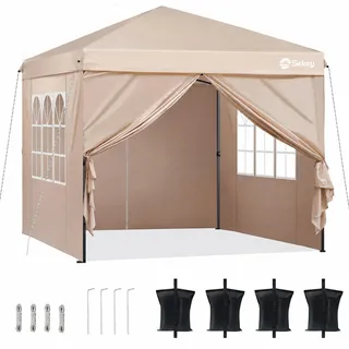 Sekey Faltpavillon 3x3 mit 4 Seitenwänden und mit 4 Sandsäcke, Wasserdicht Pop Up Pavillon für Camping, Festival, Events, Picknicks, Taupe - Taupe