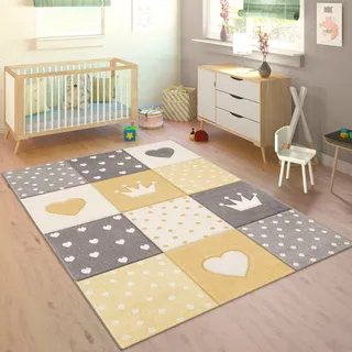 Paco Home Kinderteppich »Cosmo 339«, rechteckig, 16 mm Höhe, Kurzflor, Pastell-Farben, 3D-Effekt, Motiv Herz, Punkte & Krone, gelb