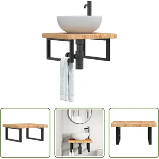 The Living Store Waschtischplatte mit Halterung Stahl und Massivholz Eiche - Braun