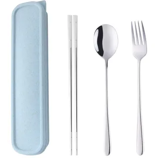SBOMHS Tragbares Outdoor Reisebesteck set Silber Camping Besteck to go Picknick Schule Büro Lunch Geschirr für 1 person Edelstahl Essstäbchen Lange Tafelgabeln Suppenlöffel Weizenstroh Geschenkbox