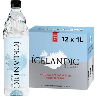 Icelandic Glacial Premium Natürliches Wasser 1 Liter Flaschen aus recyceltem PET x 12 pro Pack – Alkalisch/Niedriger pH-Wert, BPA-frei, Klimaneutral aus der isländischen Quelle. Geringer TDS-Gehalt.