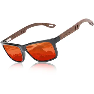 KINGSEVEN Design Holz Polarisierte Rechteckige Sonnenbrille für Herren, Walnuss-Holzrahmen Verspiegelte Brille zum Fahren W5508 (Rot)