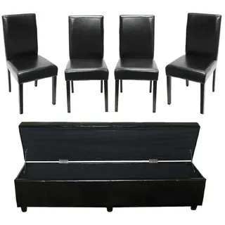 Mendler Garnitur Sitzgruppe Bank mit Aufbewahrung Kriens XXL+4 Stühle Littau, Kunstleder/Leder FSC®-zertifiziert ~ schwarz