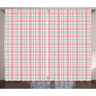 ABAKUHAUS Abstrakt Rustikaler Gardine, Pastellfarbe Checkered, Schlafzimmer Kräuselband Vorhang mit Schlaufen und Haken, 280 x 175 cm, Mint Salmon Pale Pink - Türkis