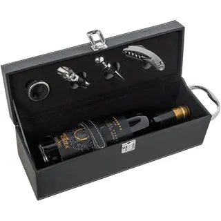DRW Set mit 4 Weinutensilien in Kunstlederbox in Schwarz und Chrom, 36 x 12 x 11 cm