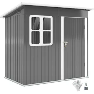 Outsunny Gerätehaus 2,55m2, Gartenhaus mit Pultdach, 221 x 133 x 190/173 cm, Geräteschuppen mit Abschließbar Tür, Fenster, Fahrradgarage, Gartenschrank aus Stahl, für Hinterhof, Garten, Dunkelgrau - Dunkelgrau