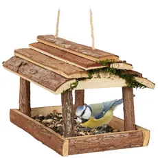 Relaxdays Vogelfutterhaus Holz, mit Rinde und Moos, zum Hängen, HBT: 19x21x23 cm, Futterspender Kleinvögel, Natur