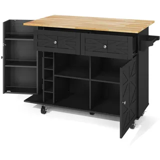 Oxeza Kücheninsel 120x70x89 cm Schwarz mit klappbarer Arbeitsplatte, Servierwagen, Glashalter und Türregal , Holz , teilmassiv,teilmassiv , Mode , Küche mit Insel,Rechteckig , 120x89x70 cm , Küchen, Küchenmöbel, Kücheninseln