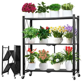 3Tier Metall Klappbares Blumenregal,Mit Rollen,86cm,drinnen draußen,Faltung | Stabile Eisenkonstruktion mit pulverbeschichtetem Schwarzton. Platzsparendes Design für Balkon, Wohnzimmer oder Garten