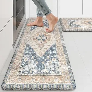 Kimdoe Küchenteppiche und -matten, gepolstert, Anti-Ermüdung, Küchenmatte, rutschfest, wasserdicht, Küchenläufer für Küchendekoration, Böden, Büro, Wäsche, Blau und Gold, 2 Stück