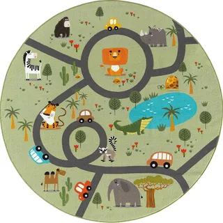 the carpet Happy Life Kinderzimmer, Kinderteppich, Spielteppich, Straßenteppich, Straße, Dschungel, Tiere, Auto, Grün, 160 cm Rund