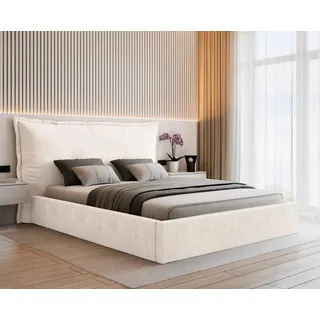 VALLH Polsterbett Bett 200x220  mit Matratze Beige Samt - Kissenkopfteil mit lattenrost (Sofia Piano 01 + Matratze) - Weiß