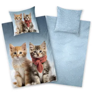 Aminata kids - Bettwäsche 135x200 Katze Biber - Biberbettwäsche mit Katzen-Motiv - Kinder - warm weich & kuschelig - YKK Reißverschluss