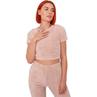 OHS Teddy-Fleece-Crop-Top, kurzärmelig, warm, weich, bauchfrei, einfarbig, Freizeitkleidung für Damen, Blush Pink, 36-38