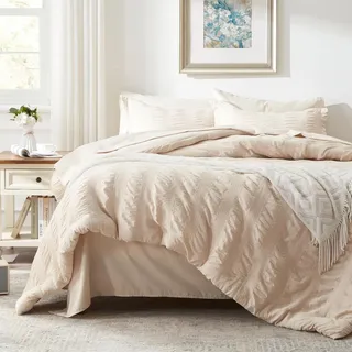 Freyamy Seersucker Bettwäsche 135x200cm 2teilig Beige Geprägt Streifen Strukturiert Bettwaren-Sets Uni Gebürstet Microfaser Weiche Bettbezug mit Reißverschluss und 1 Kissenbezug 80x80cm