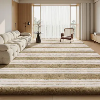 Sour Lemon Hochflor Teppich Streifen Beige and Weiß Teppich Wohnzimmer 200x300 Waschbar Anti-Rutsch Extra Große Teppiche Schlafzimmer Flauschige Moderne Teppiche Matte Teppichen für Kinderzimmer