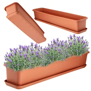 KADAX Blumenkasten 80 cm Terracotta mit Untersetzer – Balkonkasten aus Kunststoff, Pflanzkasten für Innen- und Außenbereiche, Blumentopf für Balkon, Terrasse, Fensterbank