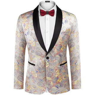 Coofandy Herren Blumen Kleid Anzug Luxus Bestickt Hochzeit Blazer Abendessen Smoking Jacke für Party, Luxus-Silber, XL
