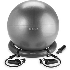 Gaiam Balance Ball, Base & Resistance Band Kit, 65cm Yoga Ball Chair, Exercise Ball with Inflatable Ring Base for Home or Office Desk, Includes Air Pump, Grey