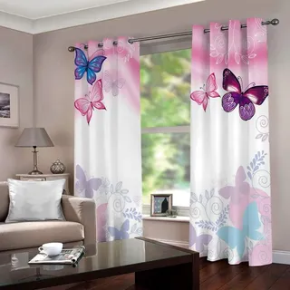 courti Vorhang Blickdicht mit Ösen 3D Rosa Schmetterling Verdunkelungsvorhang 2er Set Gardine Polyester für Schlafzimmer Kinderzimmer Wohnzimmer Dekoration 140x160cm