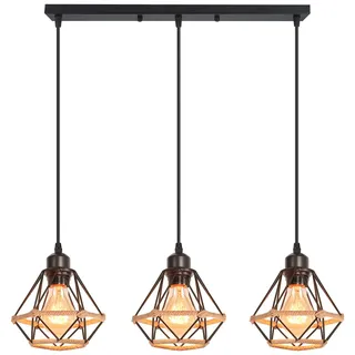 iDEGU 3-flammig Hängelampe 16CM Industrie Pendelleuchte Vintage Lampenschirme aus Metall Hanfseil Käfig Design Retro E27 Schwarz Pendelleuchte für Esszimmer Wohnzimmer (3-flammig Hängeleuchte, Balken)