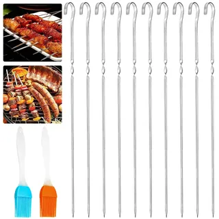 Grillspieße 20 Stück Schaschlikspieße Edelstahl 35cm Fleischspieße Flach Kebab Spieße für Lagerfeuer oder Grillschale mit 2x Silikonölbürste