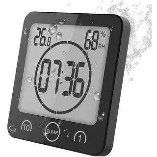 VORRINC Badezimmeruhr Digital Wecker Bad Uhr, Shower Clock mit Saugnapf LCD Display, Baduhr, Luftfeuchtigkeit Temperatur Wanduhren, Countdown Timer Für Dusche Küche (Schwarz)