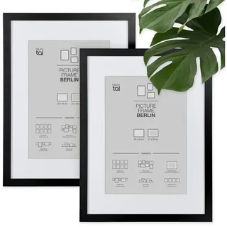 Blumtal – 2er Set Bilderrahmen 30x40 cm, hochwertiger Fotorahmen Berlin aus Holz mit Passepartout, zum Aufhängen, schwarz