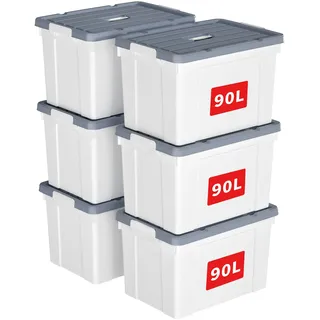 Cetomo 90L * 6 Kunststoff-Aufbewahrungsbox Box mit haltbarem Deckel und Sicherheitsverschluss stapelbar und verschachtelt 6-Packs weiß