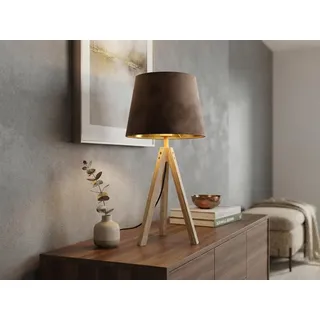 Große Tischlampe skandinavisch mit Holz & E27 Samtschirm Braun Gold, Höhe 55cm - Braun, Gold