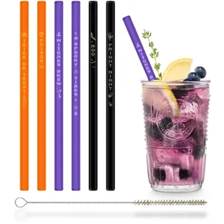 HALM Halloween Strohhalme aus Glas 6 Stück mit Gravuren, Kürbis, Hexe, Fledermaus, Spinnen, Totenkopf, Blutige Hand Neon-Farben & Schwarzlicht-Effekt Grusel-Highlight für Deine Party