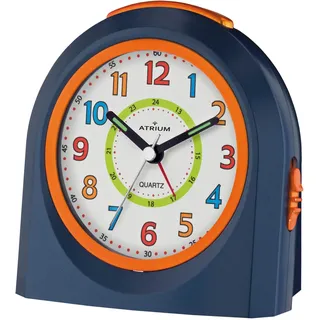 Atrium Kinderwecker Jugendwecker Analog Quarz mit Licht, Snooze & schleichende Sekunde - leise ohne Ticken - Lernwecker für Jungen & Mädchen - Geschenk Schule & Geburtstag Dunkelblau Orange A921-5