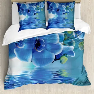 ABAKUHAUS Blume Bettbezug Set, Orchideen-asiatische natürliche Blumen-Reflexionen auf dem Wasser für entspannenden Druck der Frühlings-Zeit, 155 x 220 cm + 80 x 80 cm, Blau - Blau