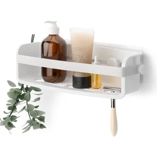 Umbra Flex Duschablage zum Kleben, ohne Bohren, Rostfrei, Weiss | Wasserfester Klebestreifen, Abflusslöcher für Trockenheit, organisiert Shampoo und Rasierer